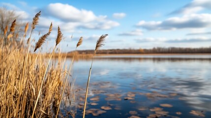 Poster - Tranquil Lakeside View with Reeds and Reflective Water Under a Beautiful Sky : Generative AI