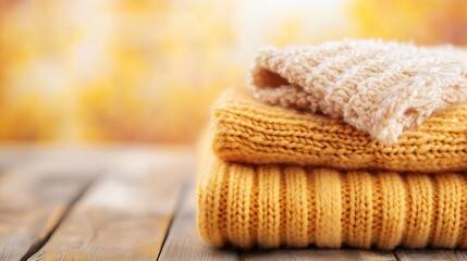 Poster - Cozy Knitted Sweaters Stacked Beautifully on Wooden Surface in Soft Warm Lighting : Generative AI
