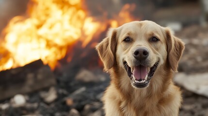 Poster - Happy golden retriever dog posing in front of a warm fire creating a joyful and playful atmosphere : Generative AI