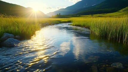 Aufkleber - Serene River Flowing Through a Lush Green Meadow with Majestic Mountains and Sunlight : Generative AI
