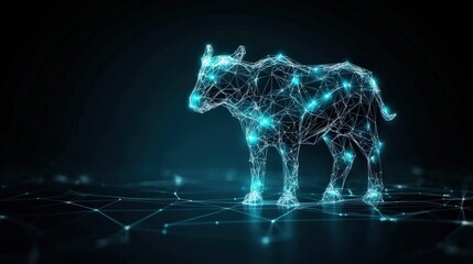 Poster - A stunning digital illustration of a wireframe cow, illuminated with glowing blue lines, set against a dark background. Ideal for technology and agriculture themes.