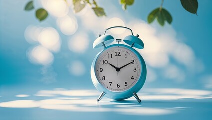 Poster - bright blue alarm clock placed against a soft blue background featuring gentle bokeh effects and nat