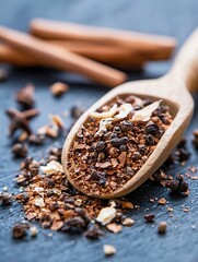 Aufkleber - Aged spices arranged in a wooden spoon showcasing the rich textures and colors of flavor : Generative AI