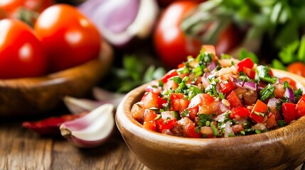 Poster - Authentic Salsa with Fresh Tomatoes and Herbs Served in a Wooden Bowl : Generative AI