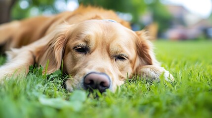 Poster - Golden Retriever Dog Resting Peacefully on Green Grass in a Quiet Park : Generative AI