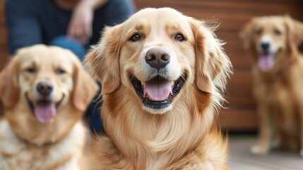 Aufkleber - Three happy golden retrievers enjoying a sunny day outdoors with joyful expressions : Generative AI