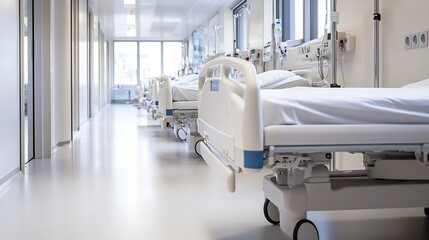 Poster - A clean and modern hospital corridor with empty patient beds and bright natural light : Generative AI