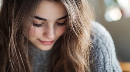 Poster - Closeup of a young woman looking down with soft lighting highlighting her natural beauty and features : Generative AI