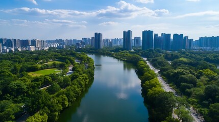 Aufkleber - Aerial view of a green river flowing through a city with buildings on the horizon : Generative AI