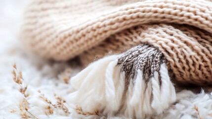 Poster - Close Up of Cozy Knitted Woolen Scarf on Soft Fur Background for Winter Elegance : Generative AI