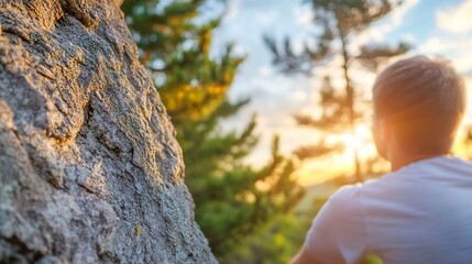 Aufkleber - A tranquil scene capturing a man reflecting on nature during sunset surrounded by trees : Generative AI