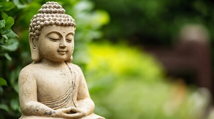 Aufkleber - Serene stone Buddha statue surrounded by lush foliage promoting relaxation and mindfulness : Generative AI