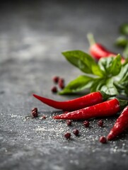 Aufkleber - Vibrant red chili peppers and fresh basil arranged on a textured surface creating a spicy culinary scene : Generative AI
