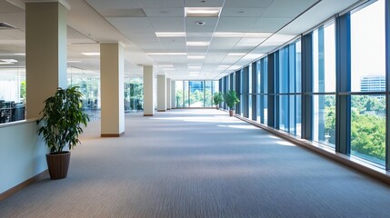 Poster - Bright office corridor featuring large windows and lush plants promoting a productive environment : Generative AI