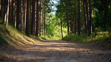 Aufkleber - Serene Forest Pathway Surrounded by Lush Greenery and Tall Pine Trees Perfect for Nature Retreats : Generative AI