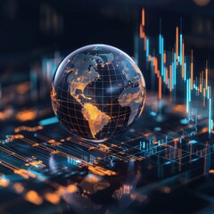 Poster - A digital globe representing global financial metrics showcases data analysis and market growth trends. Vibrant colors highlight technology and connectivity.