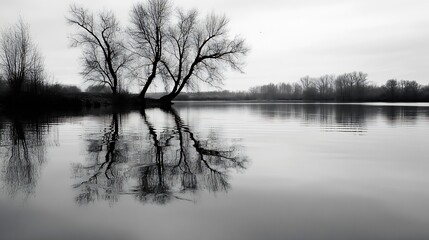 Poster - Serene Black and White Landscape with Reflections on Calm Water and Leafless Trees : Generative AI