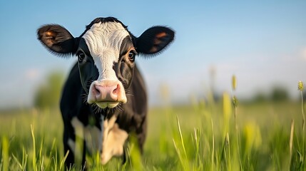 Poster - A curious black and white cow standing in a grassy field under a clear blue sky symbolizing rural life : Generative AI