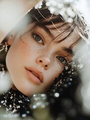 Aufkleber - Striking closeup of a young woman's dreamy face surrounded by natural elements and artistic blur : Generative AI