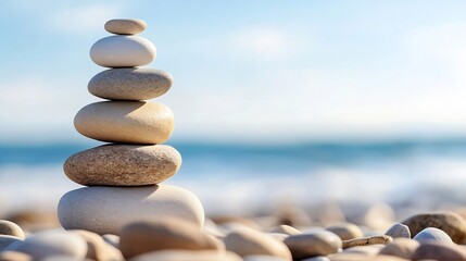 Poster - Layered pebble tower on a smooth beach representing tranquility and the essence of nature : Generative AI