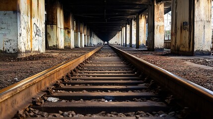 Aufkleber - Underground railway tracks leading into a magnificent industrial building with rustic pillars : Generative AI
