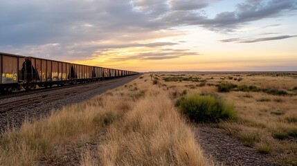 Poster - Railway track stretching across golden fields under a dramatic sunset sky : Generative AI
