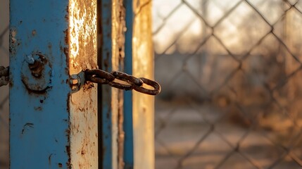 Poster - Rusty Chain Locking an Old Blue Gate with the Golden Sunlight in the Background : Generative AI