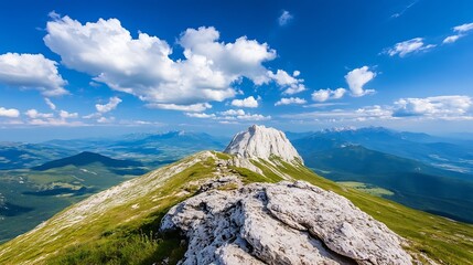 Aufkleber - Breathtaking panoramic view of rugged mountain landscape with vibrant clouds above distant peaks : Generative AI