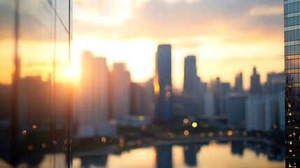 Leinwandbilder - Stunning city skyline during sunset with reflections in glass buildings illuminated by warm golden light : Generative AI