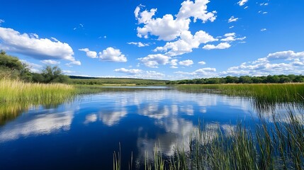 Wall Mural - Vibrant landscape of a serene lake reflecting clouds and greenery under a bright sky : Generative AI