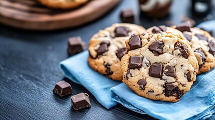 Aufkleber - Freshly baked chocolate chip cookies on a rustic kitchen table with chocolate pieces : Generative AI