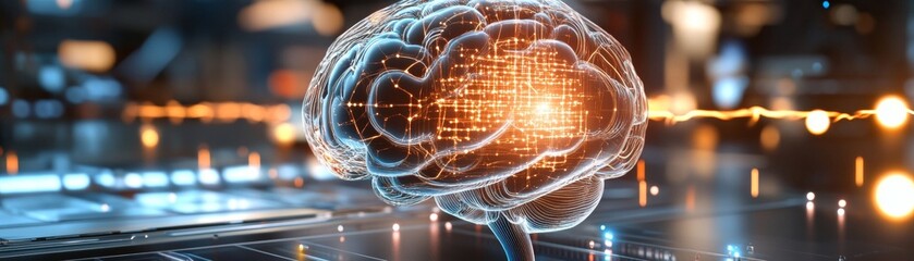 Poster - Innovative technology visualization of neural networks digital workspace 3d render futuristic environment close-up perspective concept of ai and brain functionality