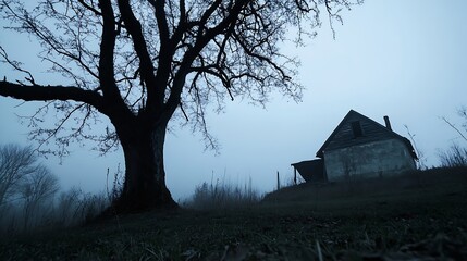 Poster - Foggy Landscape with a Lonely House and Leafless Tree at Dusk : Generative AI