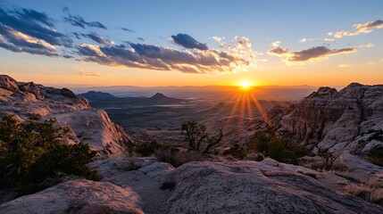 Canvas Print - Stunning sunset over rugged mountain landscape with vibrant sky and distant hills creating a picturesque view : Generative AI