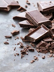 Poster - CloseUp of Rich Dark Chocolate Bars Crumbled Against a Textured Background : Generative AI