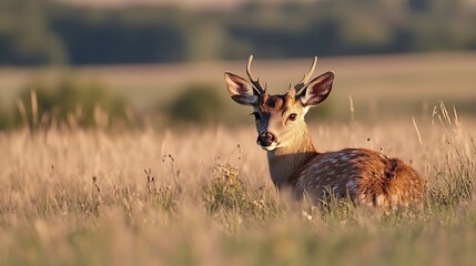 Poster - Young Deer Relaxing on a Sunny Afternoon in a Meadow Surrounded by Greenery : Generative AI