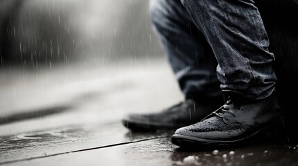 Poster - Misty Rain Falling on Black Shoes and Jeans Evoking a Melancholic Mood : Generative AI
