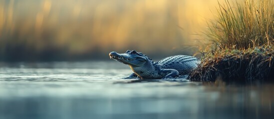Poster - Serene Alligator Resting on Riverbank at Sunset with Lush Greenery and Golden Light in the Background, Capturing Nature's Tranquility and Wildlife Beauty