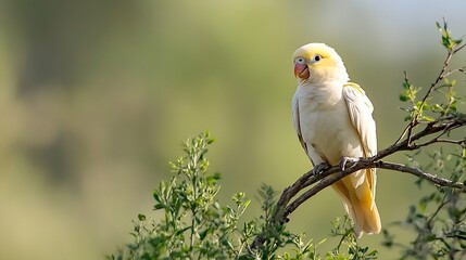 Poster - Charming Yellow Bird Perched Gracefully on a Branch Surrounded by Soft Green Nature : Generative AI