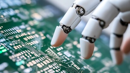 Leinwandbilder - Futuristic robotic hand interacting with a digital circuit board showcasing innovation : Generative AI