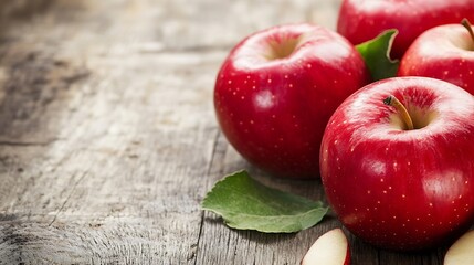 Poster - Juicy Red Apples on Wooden Table with Natural Background and Leaves : Generative AI