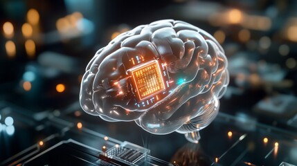 Poster - Innovative technology showcase brain-computer interface development digital laboratory 3d visualization futuristic environment close-up viewpoint neural connectivity concept