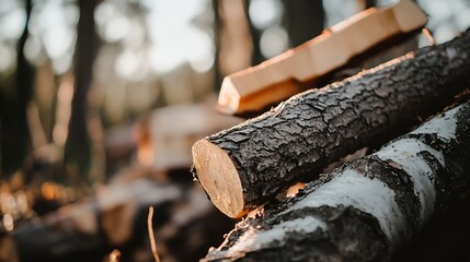 Aufkleber - Stack of Logs with Natural Bark Texture in a Sunlit Forest Setting Capturing Tranquil Atmosphere : Generative AI
