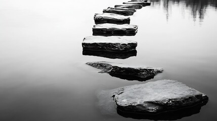 Poster - Serene Black and White Landscape with Stone Pathway Over Calm Water : Generative AI