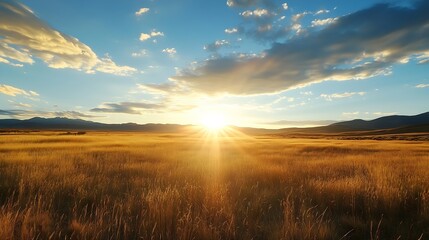 Canvas Print - Golden fields stretching to the horizon under a dramatic sky illuminated by the warm glow of the setting sun : Generative AI