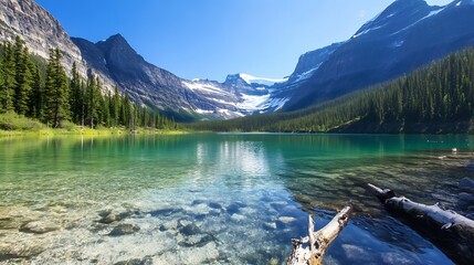 Poster - Stunning mountain lake surrounded by green trees under a clear blue sky : Generative AI
