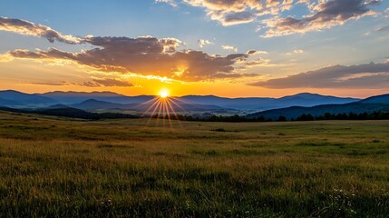 Wall Mural - Breathtaking Sunrise Over Rolling Hills With A Golden Glow in Nature Landscape : Generative AI