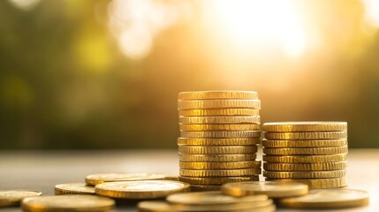 Aufkleber - Stacks of shiny golden coins reflecting sunlight in a lush green outdoor garden setting : Generative AI