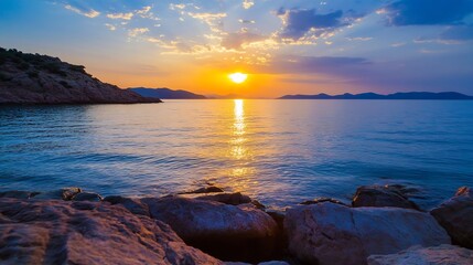 Poster - Stunning Sunset Over Calm Sea with Golden Sun Reflected on Tranquil Water Surface and Cliffs : Generative AI