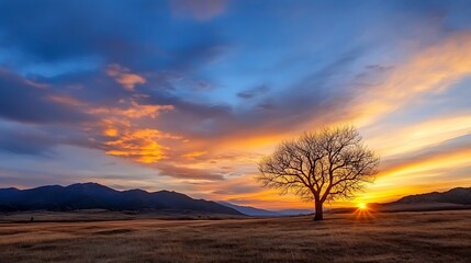 Poster - Stunning sunset landscape with solitary tree against colorful sky over rolling hills in nature : Generative AI